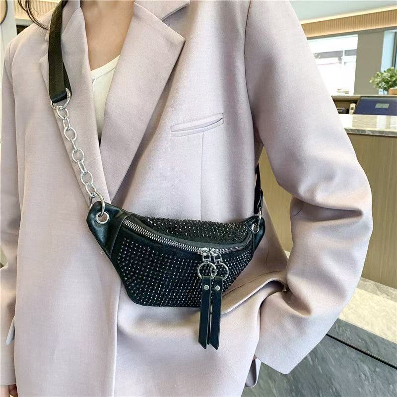2026 New Bling Rhinestone Waist Bag, Soft Black Fabric Multi-purpose Crossbody Chest Bag, Fashion Versatile Sling Bag for Women, for Daily/Party/Travel