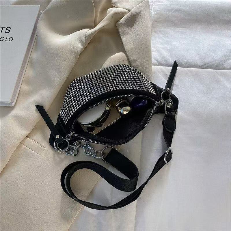 2026 New Bling Rhinestone Waist Bag, Soft Black Fabric Multi-purpose Crossbody Chest Bag, Fashion Versatile Sling Bag for Women, for Daily/Party/Travel