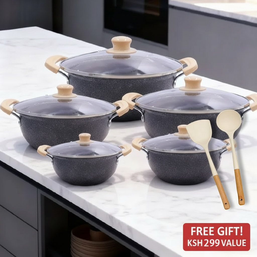 HotChef  TTG164 Sufuria Set 10PCS Marble Coated PFOA-Free Non-Stick Cooking Pot Set (5PCS 18-26cm+5PCS Lids) | Even Heating & Easy Clean | For Soups/Stews/Daily Cooking | Iron Cookware Set