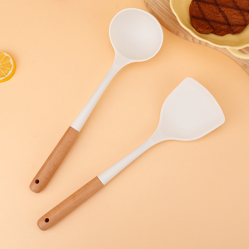 Set of 2PCS  Cookware Wooden Handle Silicone Spatula Kitchen Non-Stick Cooking Silicone Spatula Spoon Set Household Cooking Spatula Soup Spoon