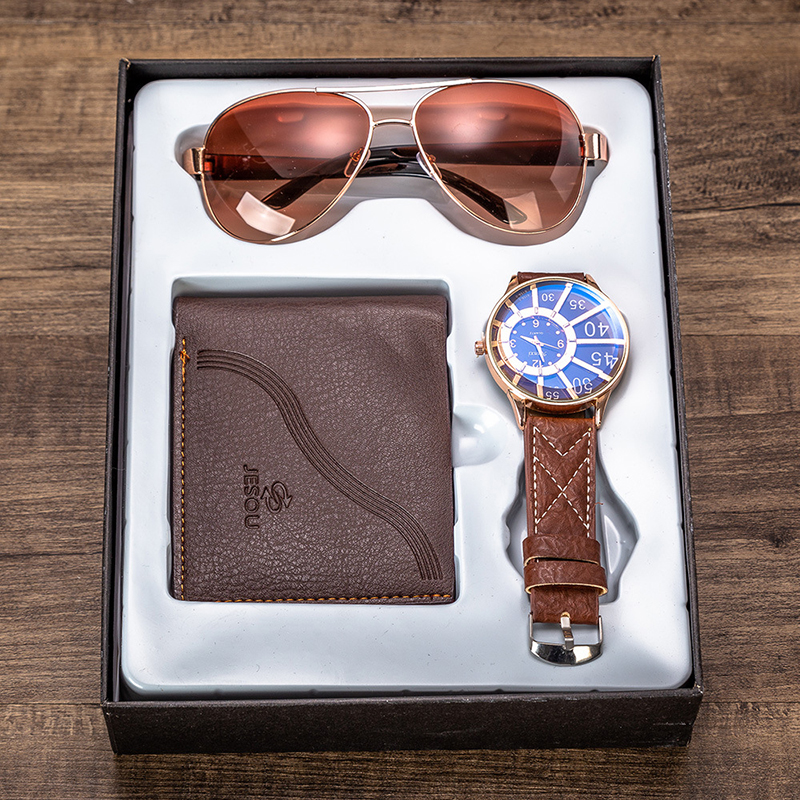 Men's Watches Gifts Set Sunglasses Leather Wallet Watch Set Valentine's Day Gift Quartz Wrist Watch