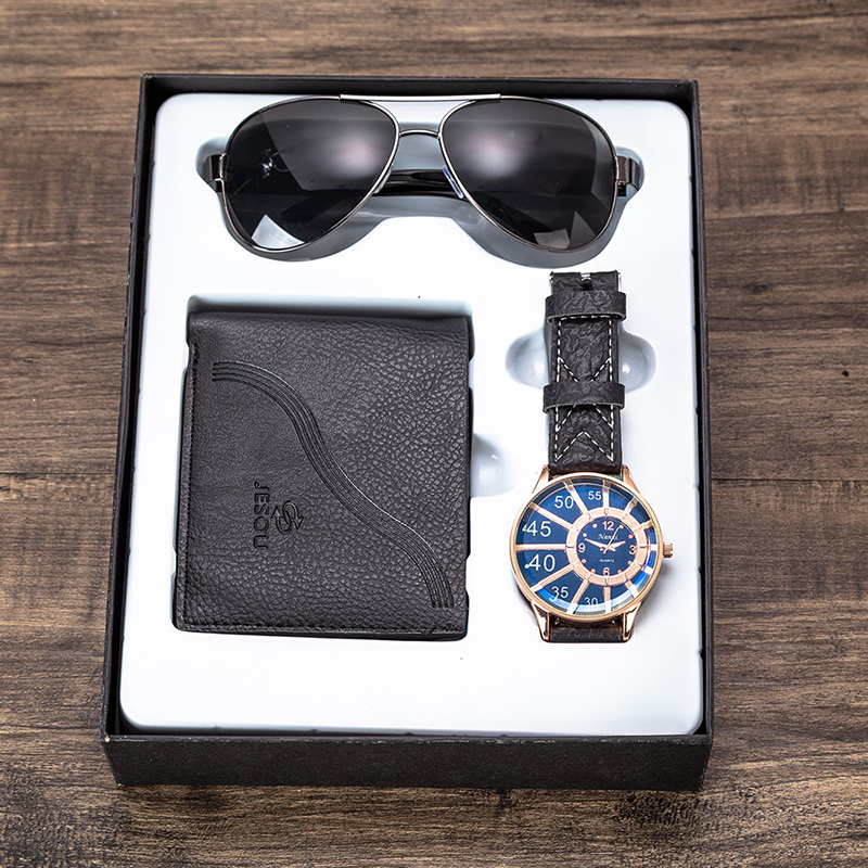 Men's Watches Gifts Set Sunglasses Leather Wallet Watch Set Valentine's Day Gift Quartz Wrist Watch