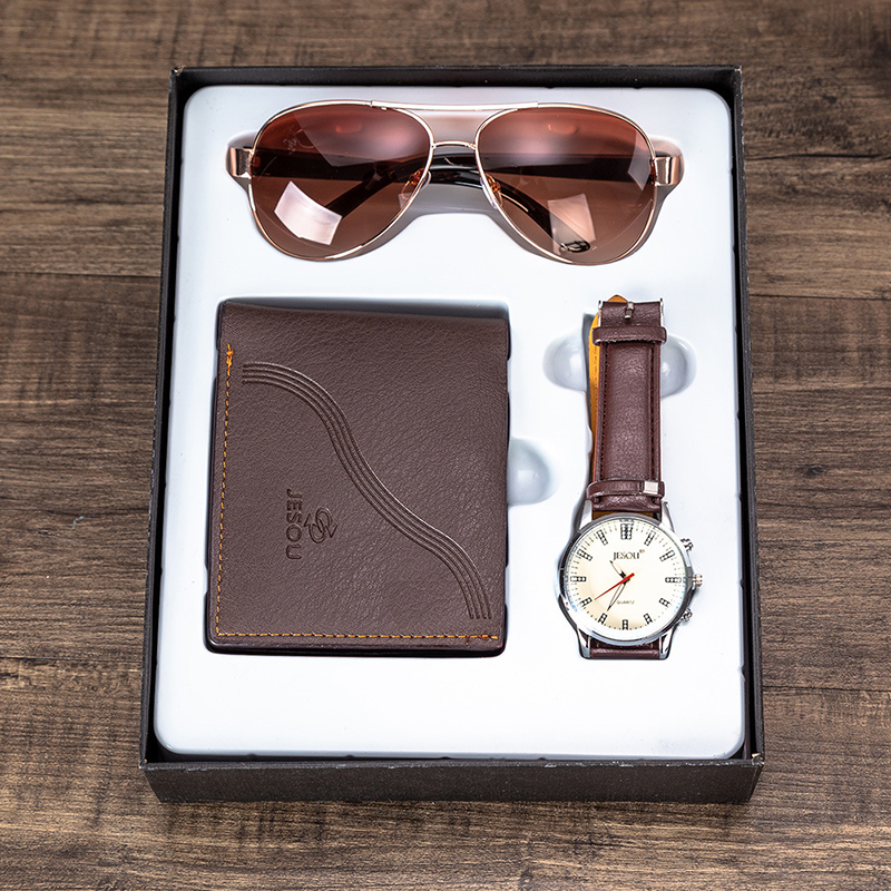 Men's Watches Gifts Set Sunglasses Leather Wallet Watch Set Valentine's Day Gift Quartz Wrist Watch