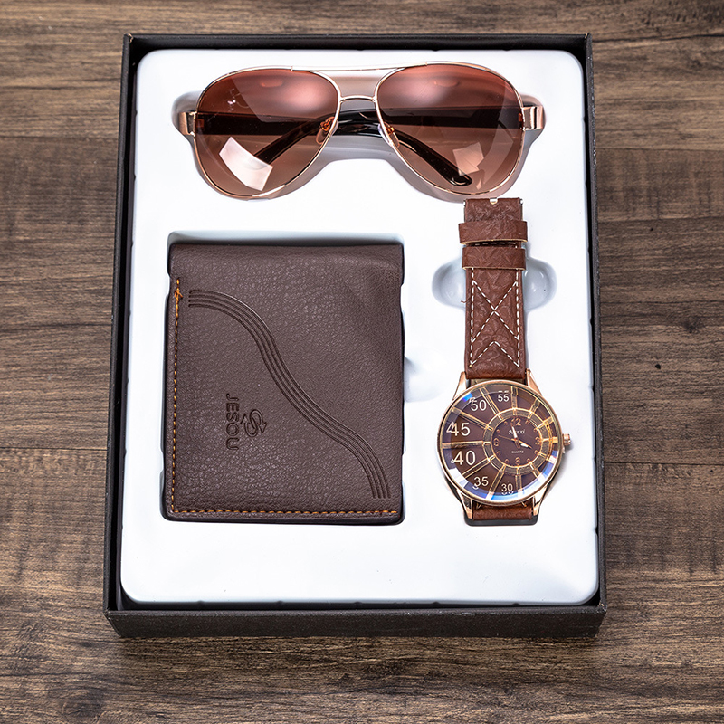Men's Watches Gifts Set Sunglasses Leather Wallet Watch Set Valentine's Day Gift Quartz Wrist Watch