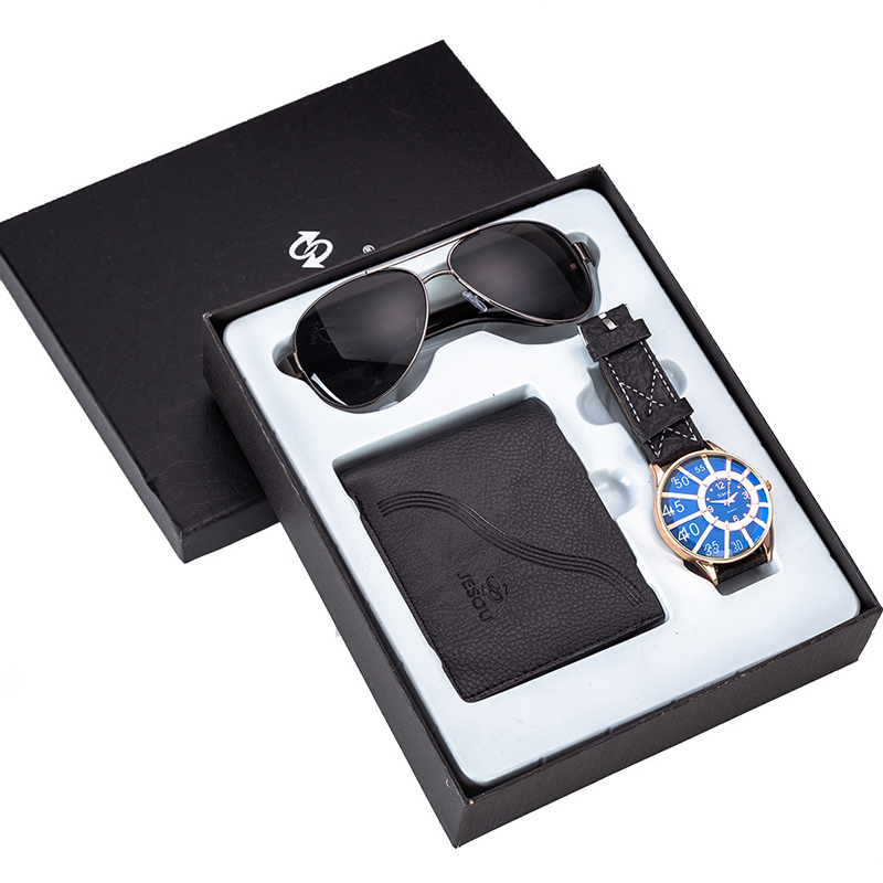 Men's Watches Gifts Set Sunglasses Leather Wallet Watch Set Valentine's Day Gift Quartz Wrist Watch