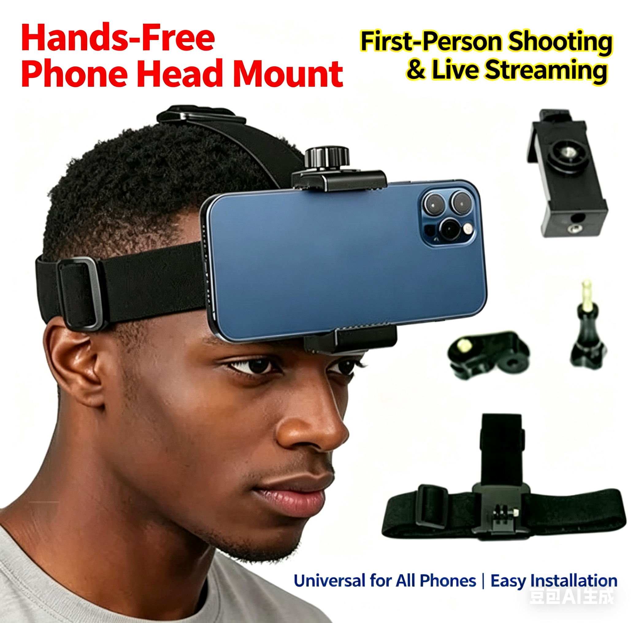 Head mounted phone holder suitable for smartphones and sports cameras, outdoor live streaming stand for first person video viewing, with phone clip (6-10cm) | Hands-Free Adjustable Head Strap Mount
