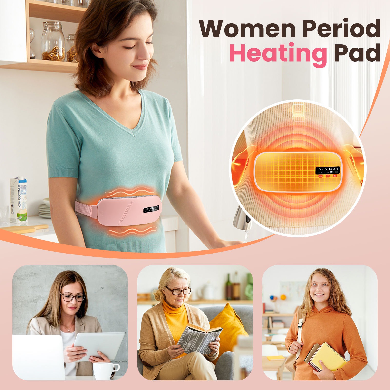 Women Period Heating Pad for Cramps 5 Levels Temperature Control 4 Vibration Modes for Cramps Relief Back and Belly Pain Relief Device Gift for Women and Girls