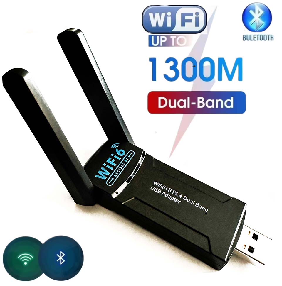 1300mbps 2in1 Wi-Fi + Bluetooth 5.4 Adapter USB 3.0 External Dual Band WiFi 6 + BT 2.4G 5GHz Wireless Dongle Ethernet Receiver Antenna for PC/Laptop/Desktop with MU-MIMO technology AXC1300