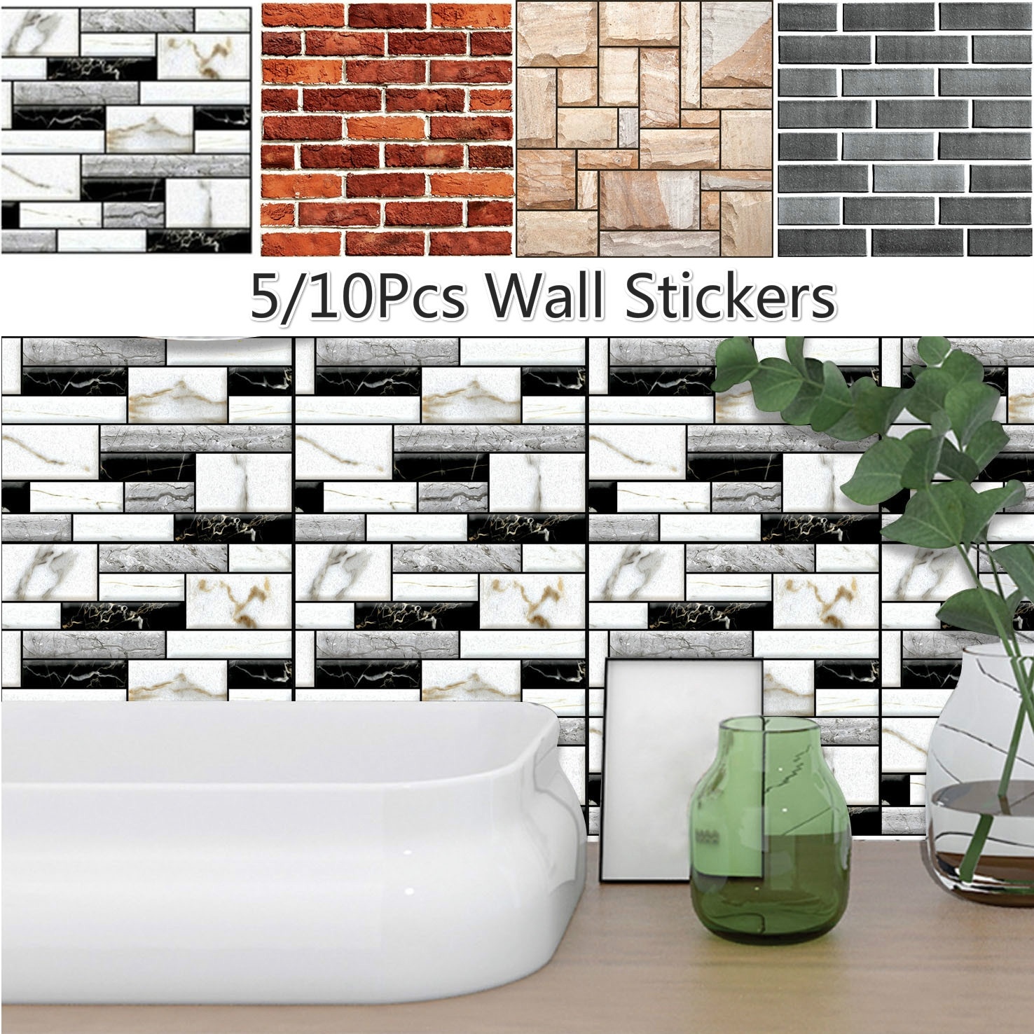 3D DIY Brick Wall Sticker Waterproof Wall Tiles Kitchen Bathroom Self-adhesive Paper Tiles