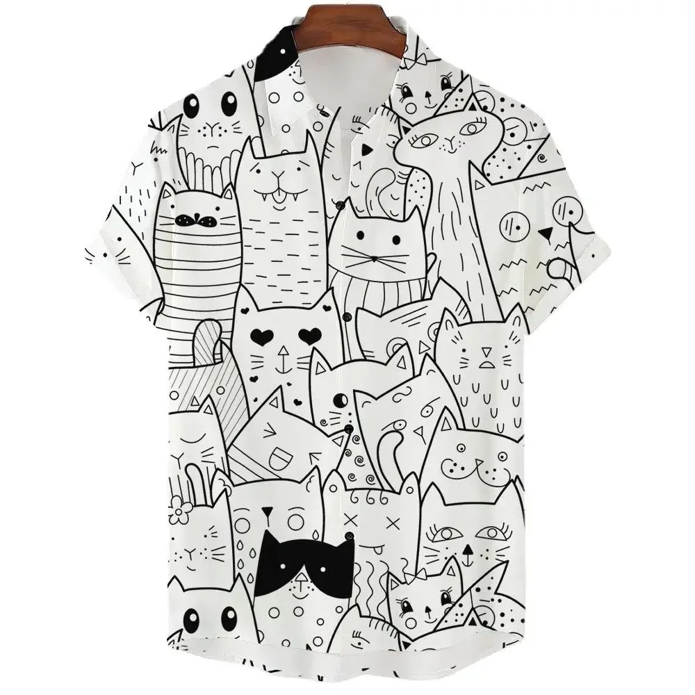 New men's casual short-sleeved collared shirt with 3D print of kitten pattern