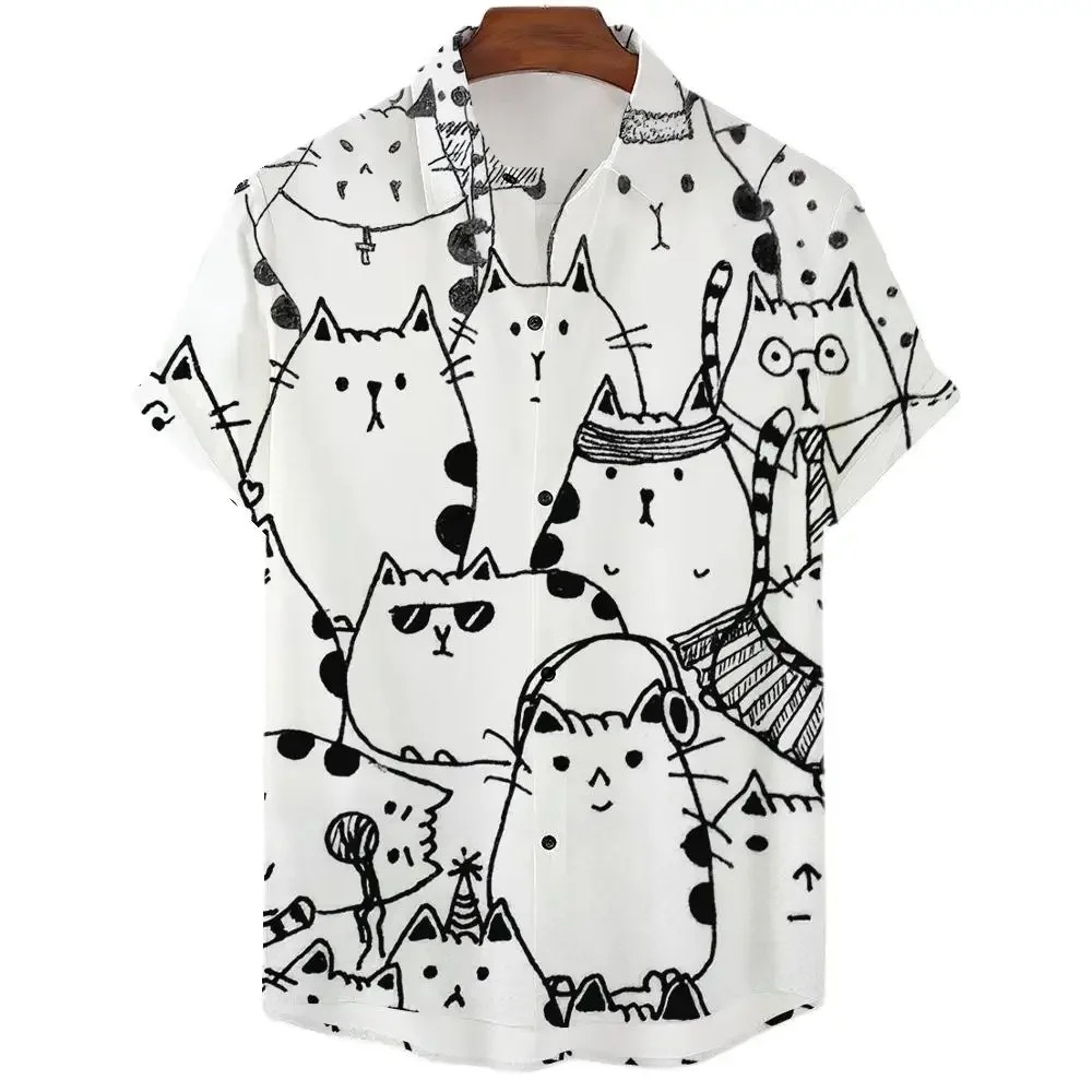 New men's casual short-sleeved collared shirt with 3D print of kitten pattern