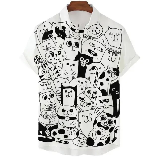 New men's casual short-sleeved collared shirt with 3D print of kitten pattern
