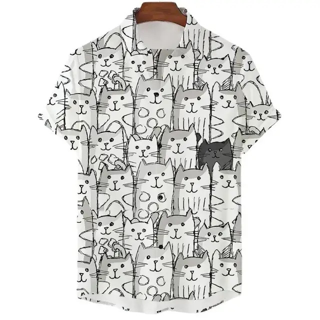 New men's casual short-sleeved collared shirt with 3D print of kitten pattern