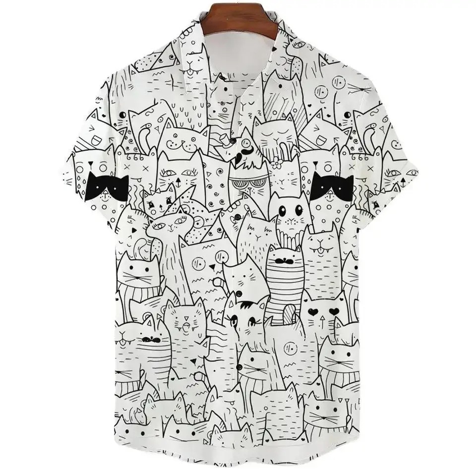 New men's casual short-sleeved collared shirt with 3D print of kitten pattern