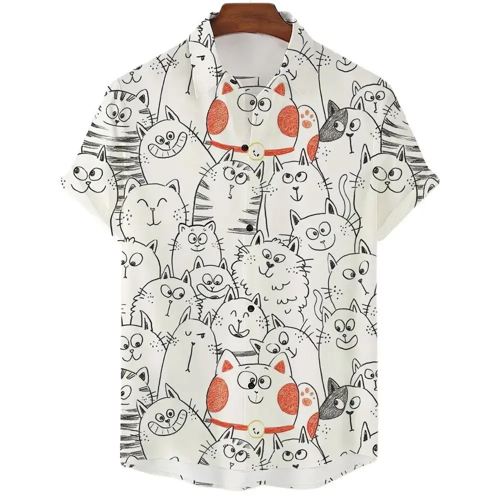 New men's casual short-sleeved collared shirt with 3D print of kitten pattern