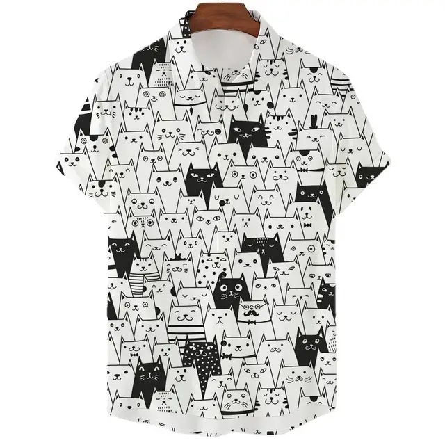 New men's casual short-sleeved collared shirt with 3D print of kitten pattern