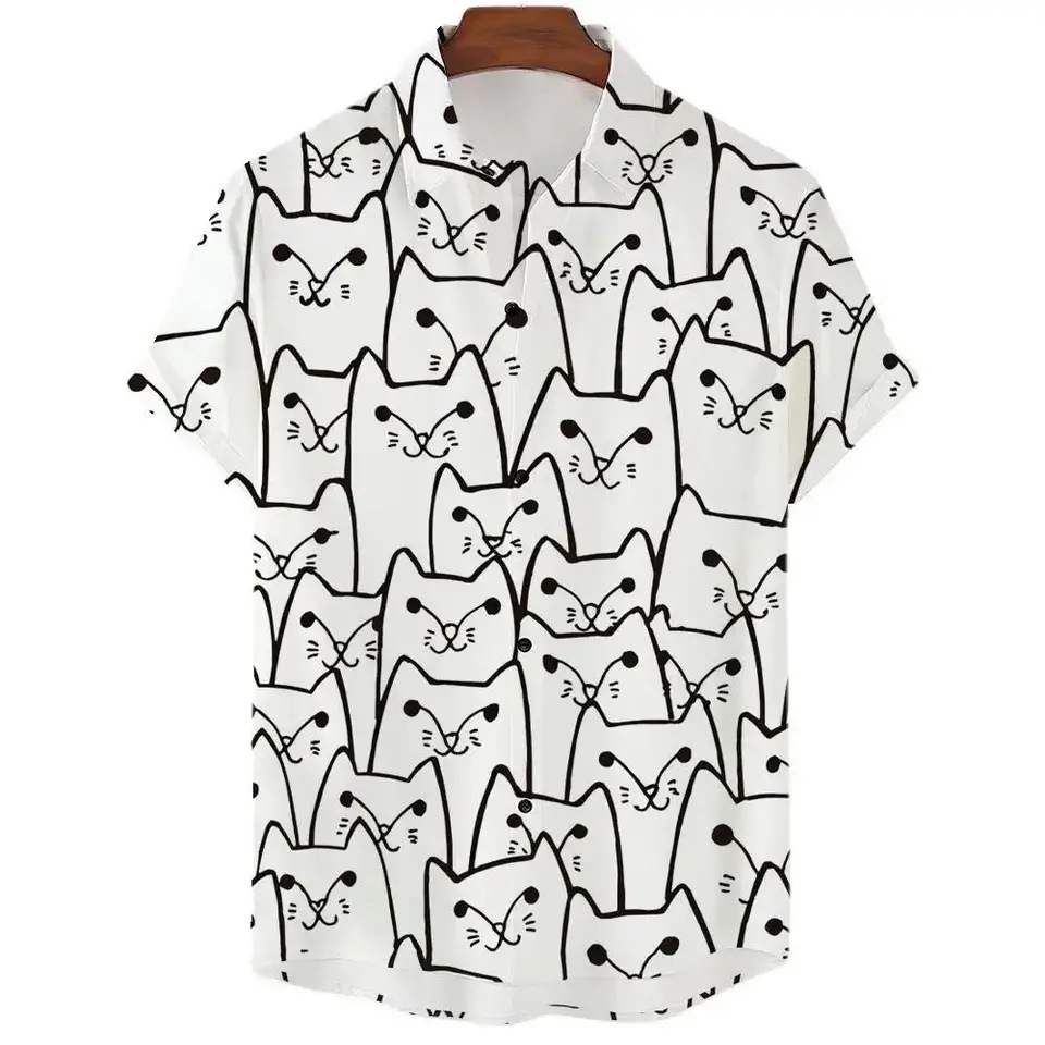 New men's casual short-sleeved collared shirt with 3D print of kitten pattern