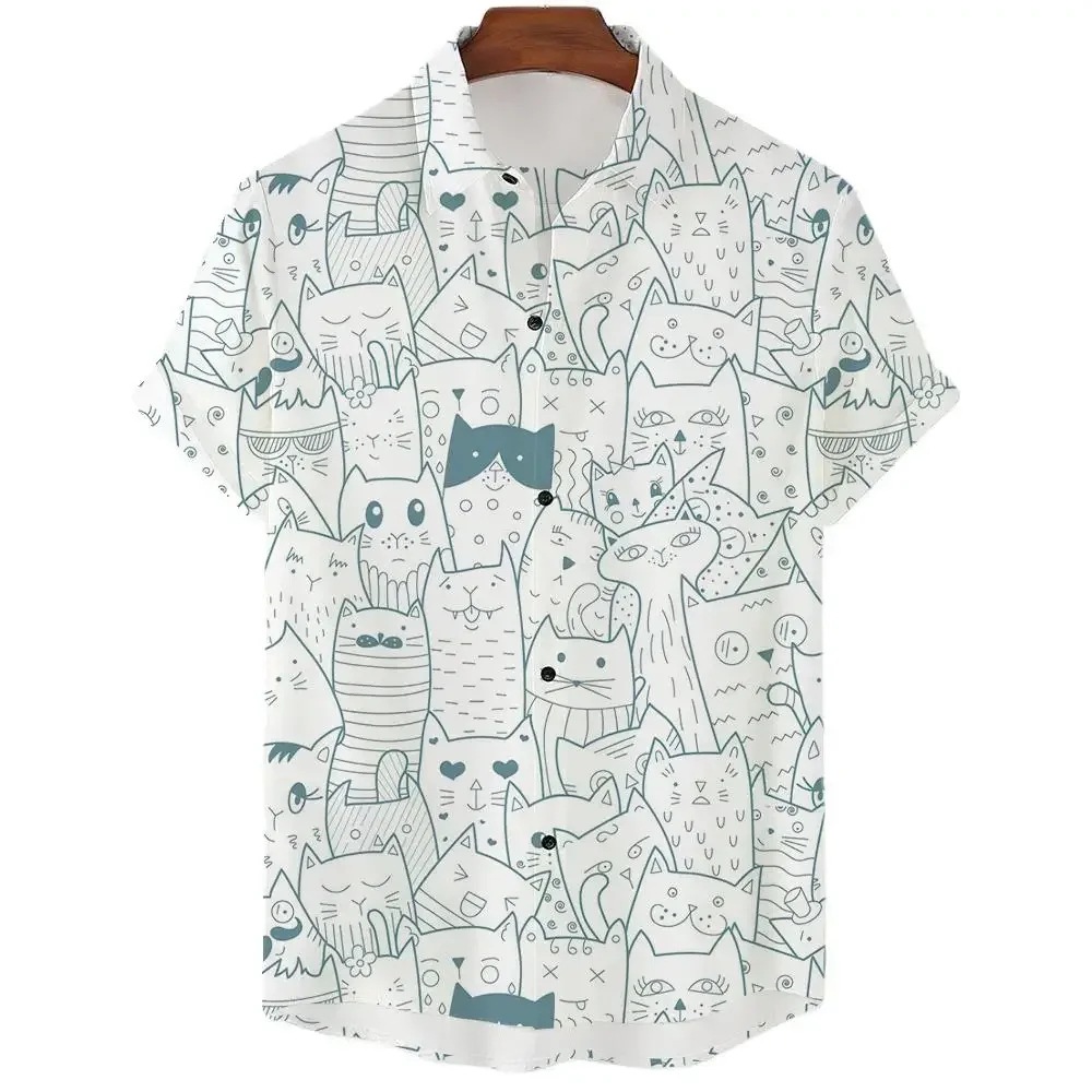 New men's casual short-sleeved collared shirt with 3D print of kitten pattern