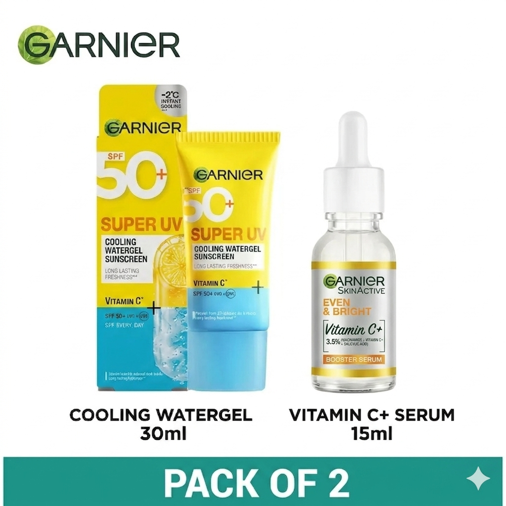 (Pack of 2) Garnier Super UV Cooling Watergel Sunscreen + Even & Bright Vitamin C Serum 15Ml