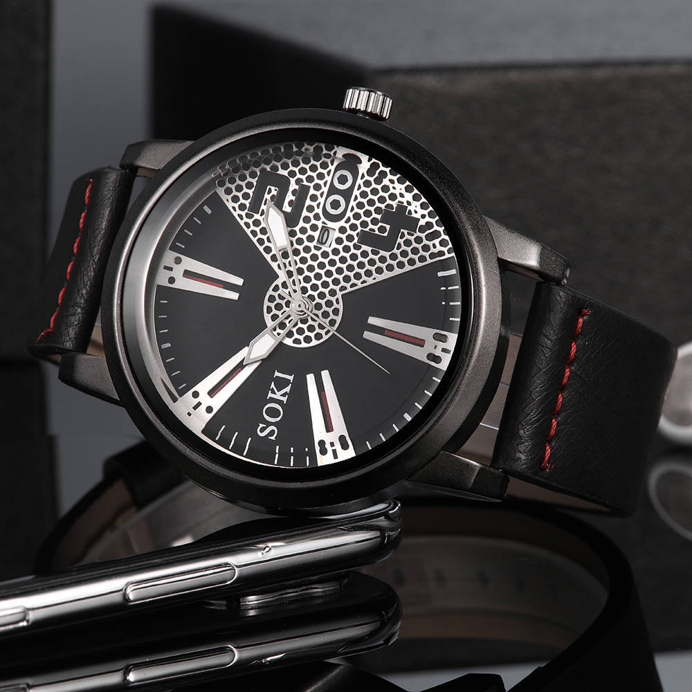 SOKI Watch Men's Date Quartz-watch Stainless Steel Mesh Strap Ultra Thin Dial Clock Accessory