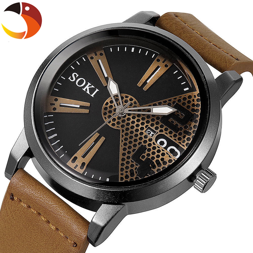 SOKI Watch Men's Date Quartz-watch Stainless Steel Mesh Strap Ultra Thin Dial Clock Accessory