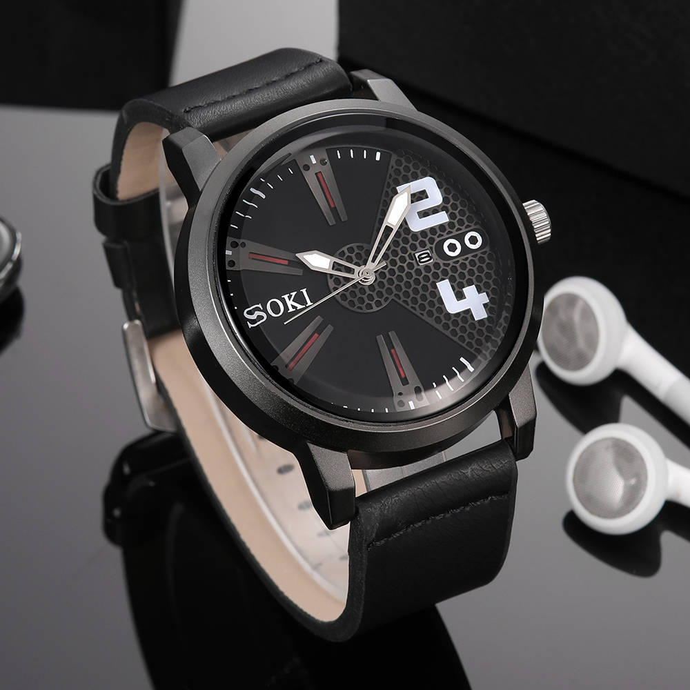 SOKI Watch Men's Date Quartz-watch Stainless Steel Mesh Strap Ultra Thin Dial Clock Accessory