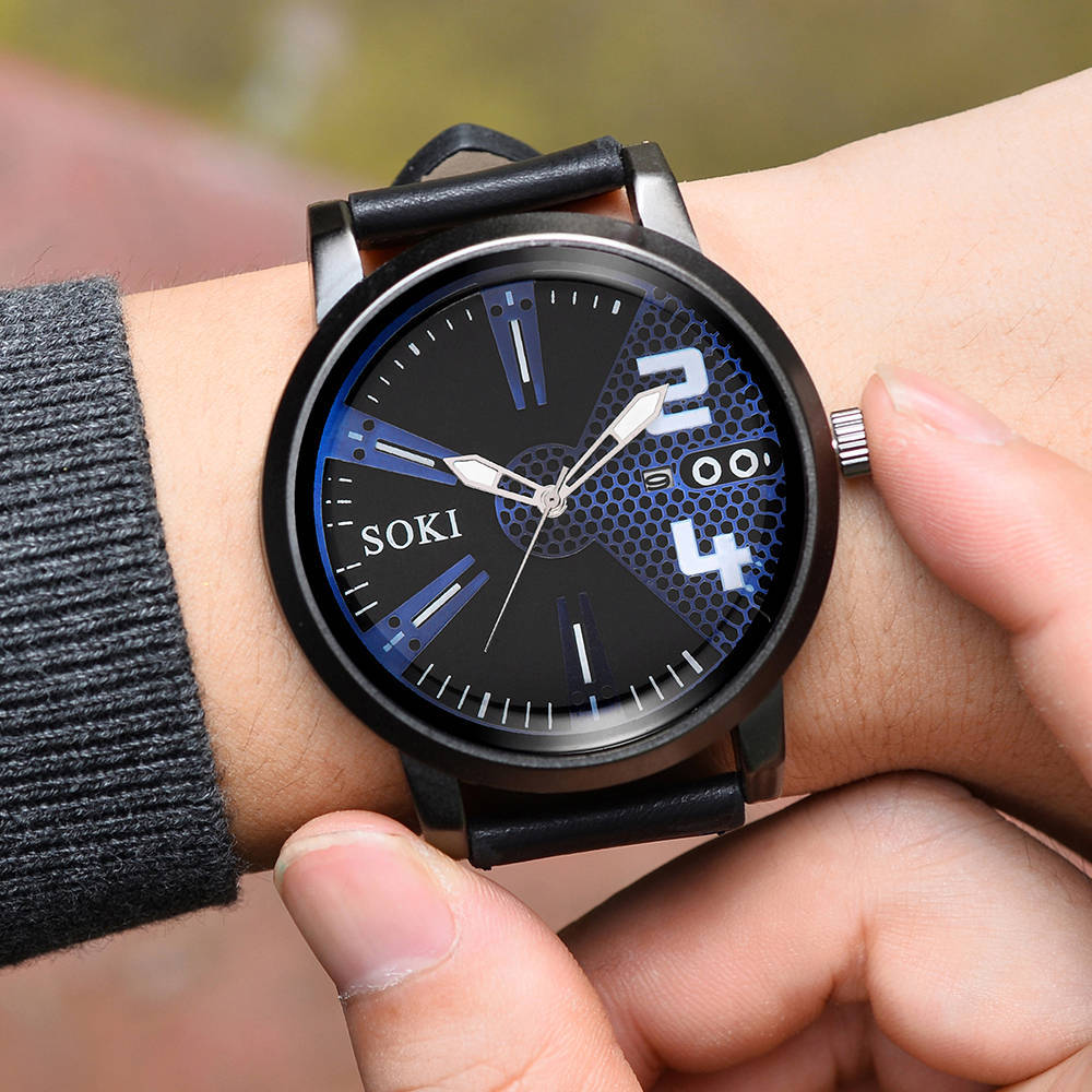 SOKI Watch Men's Date Quartz-watch Stainless Steel Mesh Strap Ultra Thin Dial Clock Accessory
