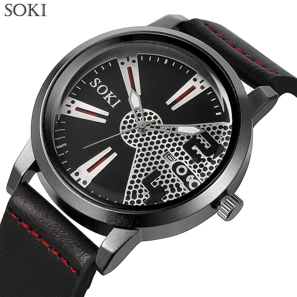 SOKI Watch Men's Date Quartz-watch Stainless Steel Mesh Strap Ultra Thin Dial Clock Accessory