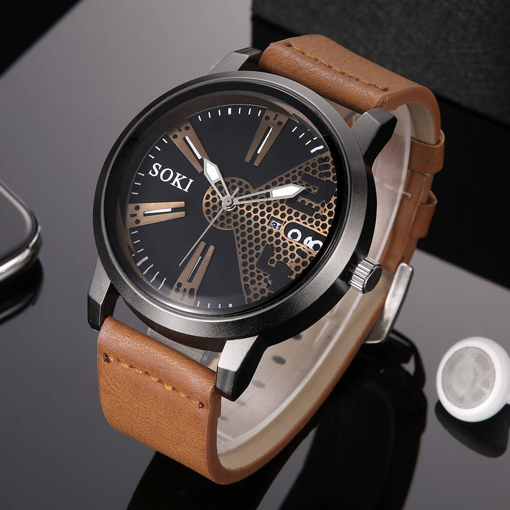 SOKI Watch Men's Date Quartz-watch Stainless Steel Mesh Strap Ultra Thin Dial Clock Accessory