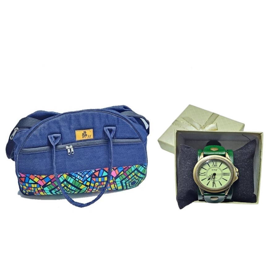 Denim green Ankara travelling bag and green men's vintage leather watch combo best gift to offer and durable.