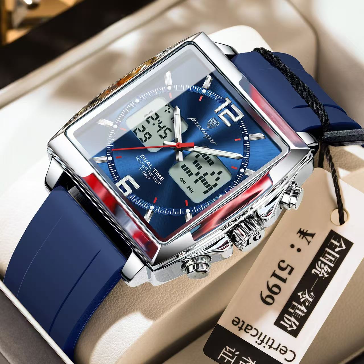 POEDAGAR E109 Luxury Men's Sports Watches Men Dual Display LED Digital Waterproof Week Date Silicone Quartz Watch Man Clock