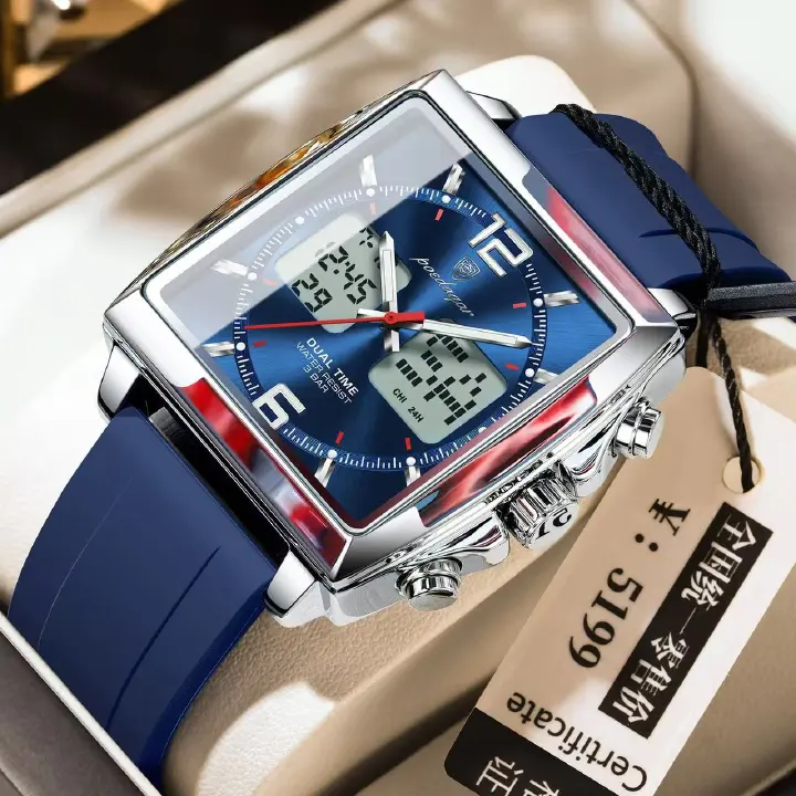 POEDAGAR E109 Luxury Men's Sports Watches Men Dual Display LED Digital Waterproof Week Date Silicone Quartz Watch Man Clock