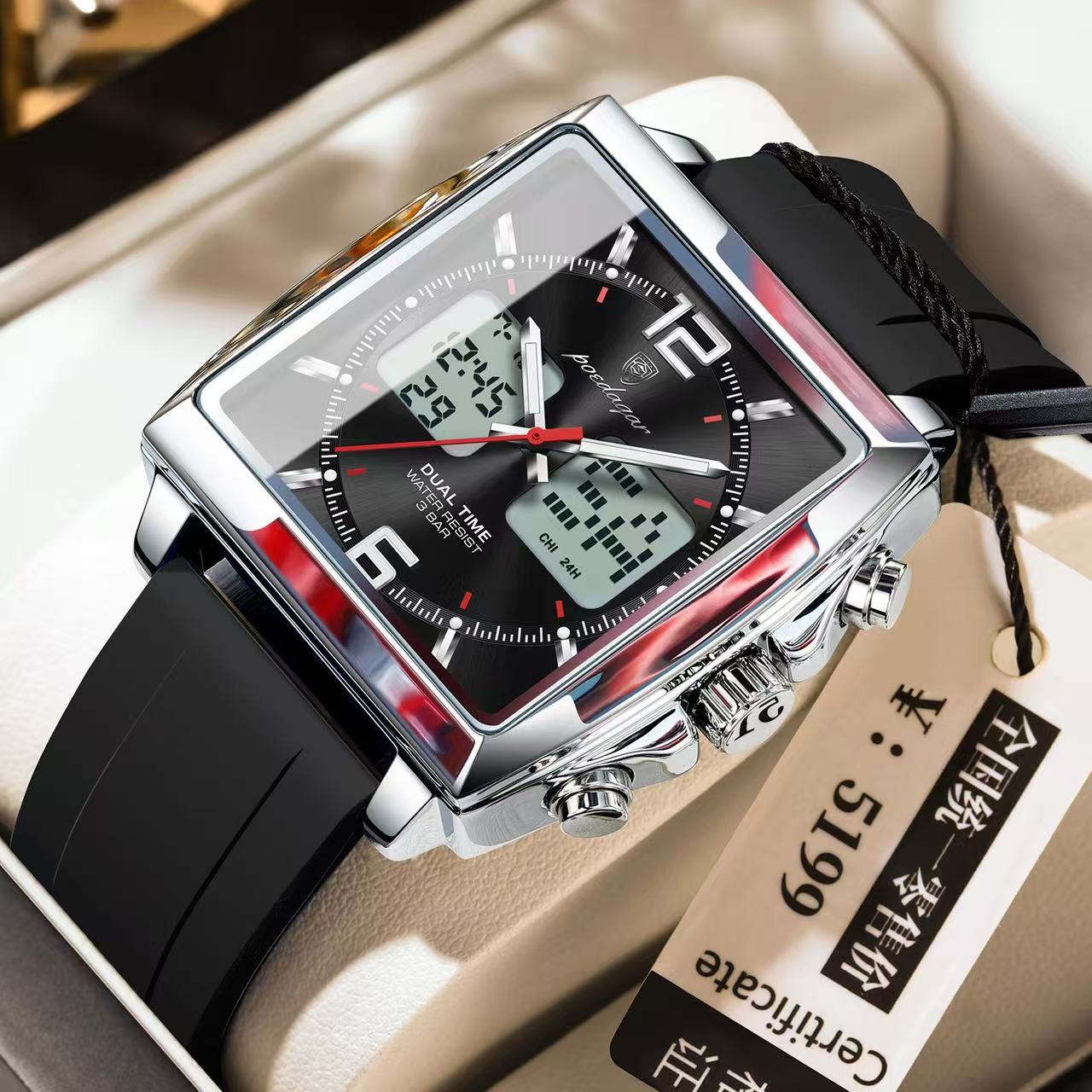 POEDAGAR E109 Luxury Men's Sports Watches Men Dual Display LED Digital Waterproof Week Date Silicone Quartz Watch Man Clock