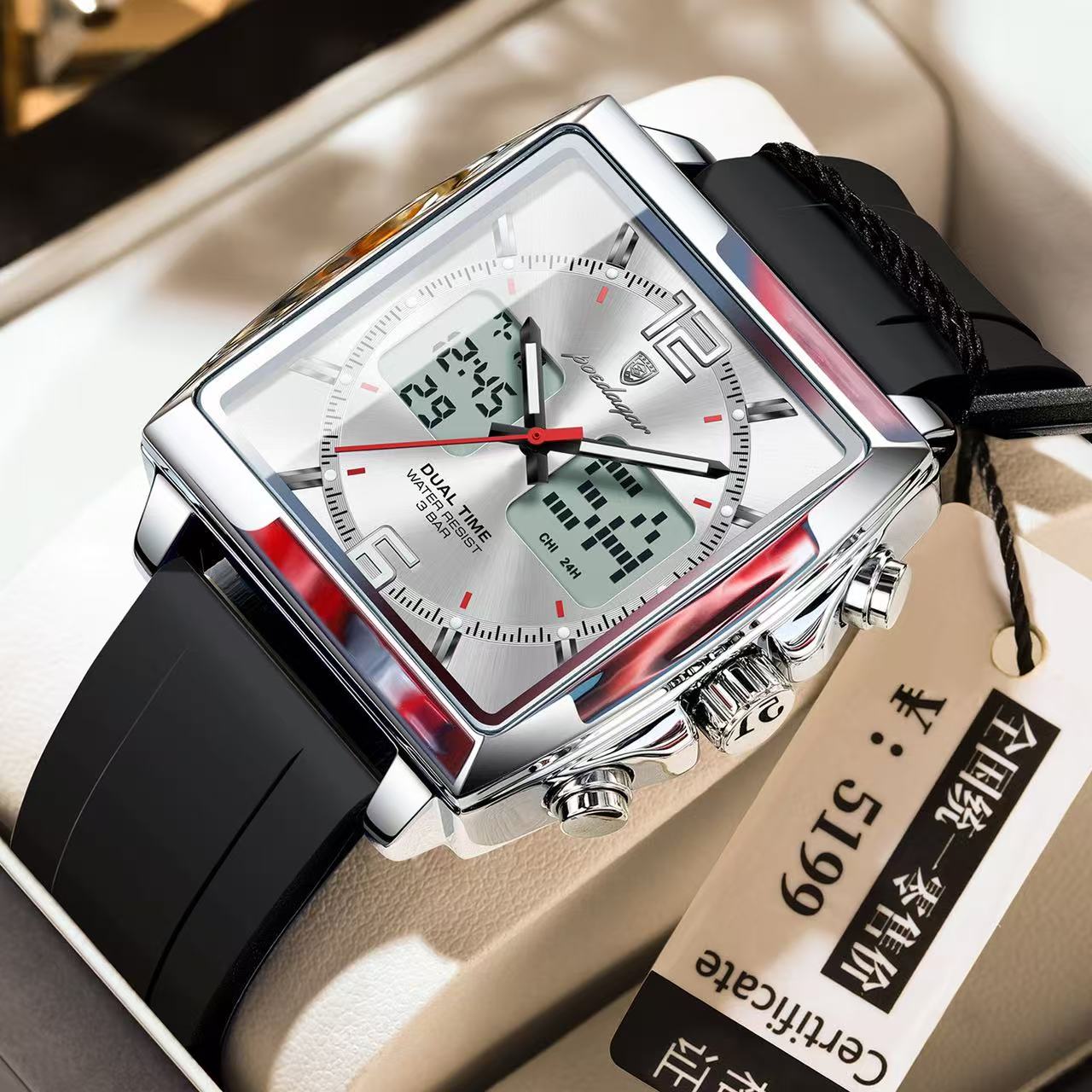 POEDAGAR E109 Luxury Men's Sports Watches Men Dual Display LED Digital Waterproof Week Date Silicone Quartz Watch Man Clock
