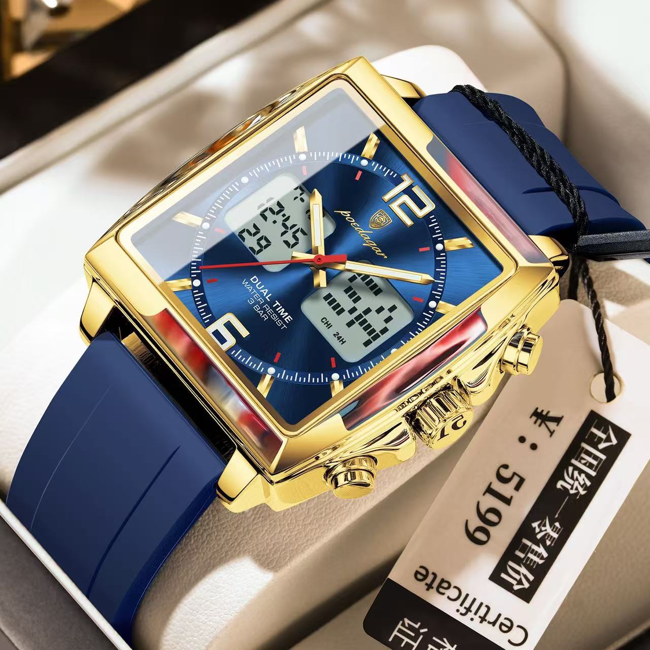 POEDAGAR E109 Luxury Men's Sports Watches Men Dual Display LED Digital Waterproof Week Date Silicone Quartz Watch Man Clock