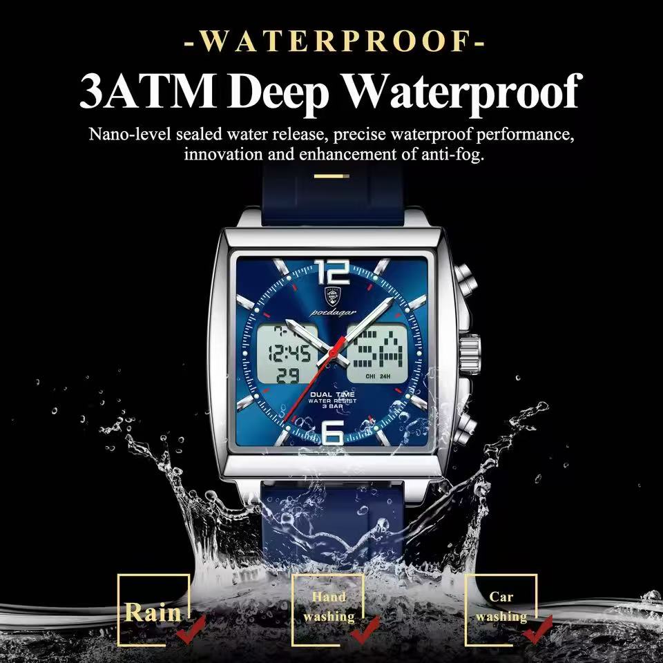 POEDAGAR E109 Luxury Men's Sports Watches Men Dual Display LED Digital Waterproof Week Date Silicone Quartz Watch Man Clock