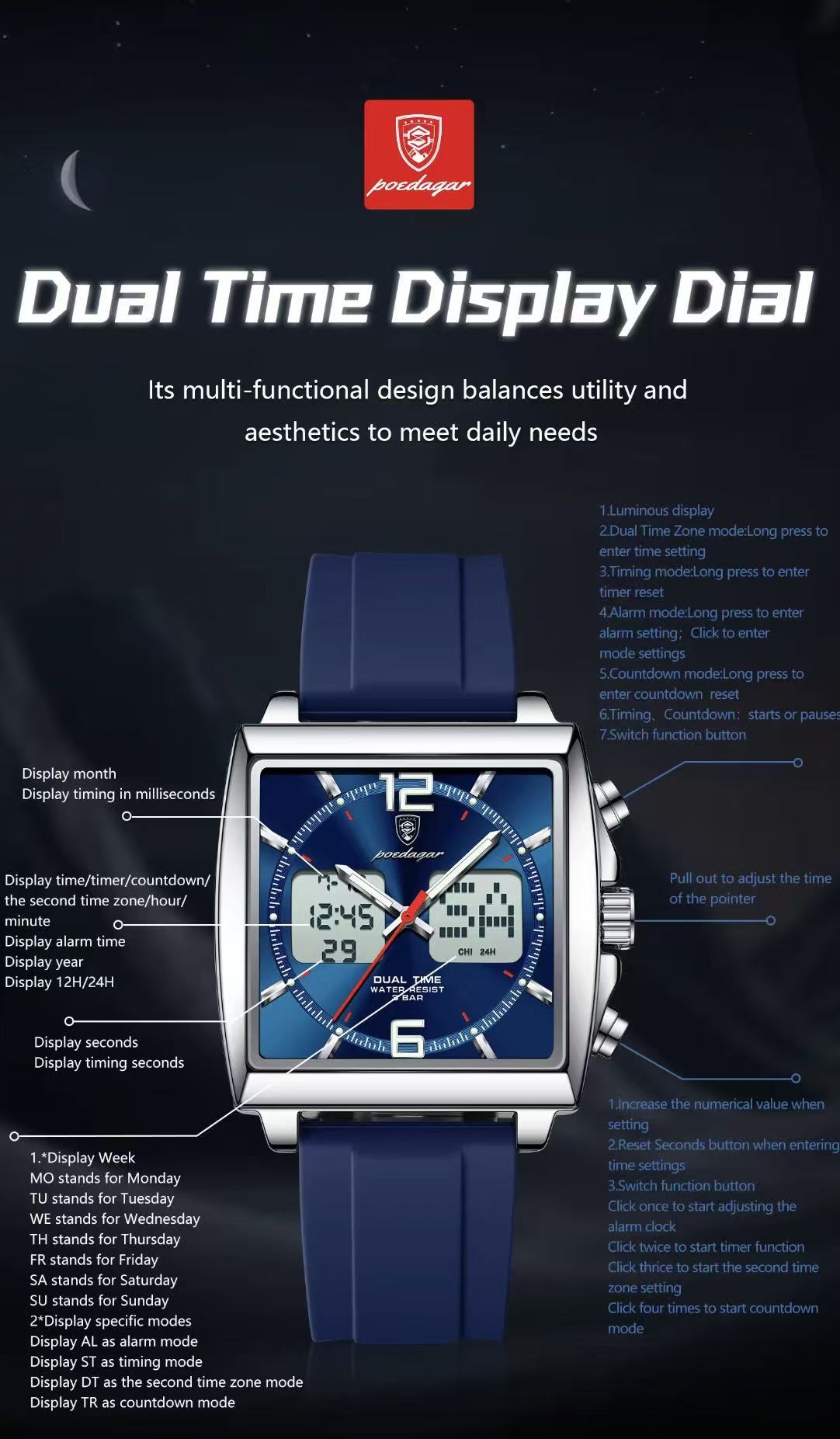 POEDAGAR E109 Luxury Men's Sports Watches Men Dual Display LED Digital Waterproof Week Date Silicone Quartz Watch Man Clock