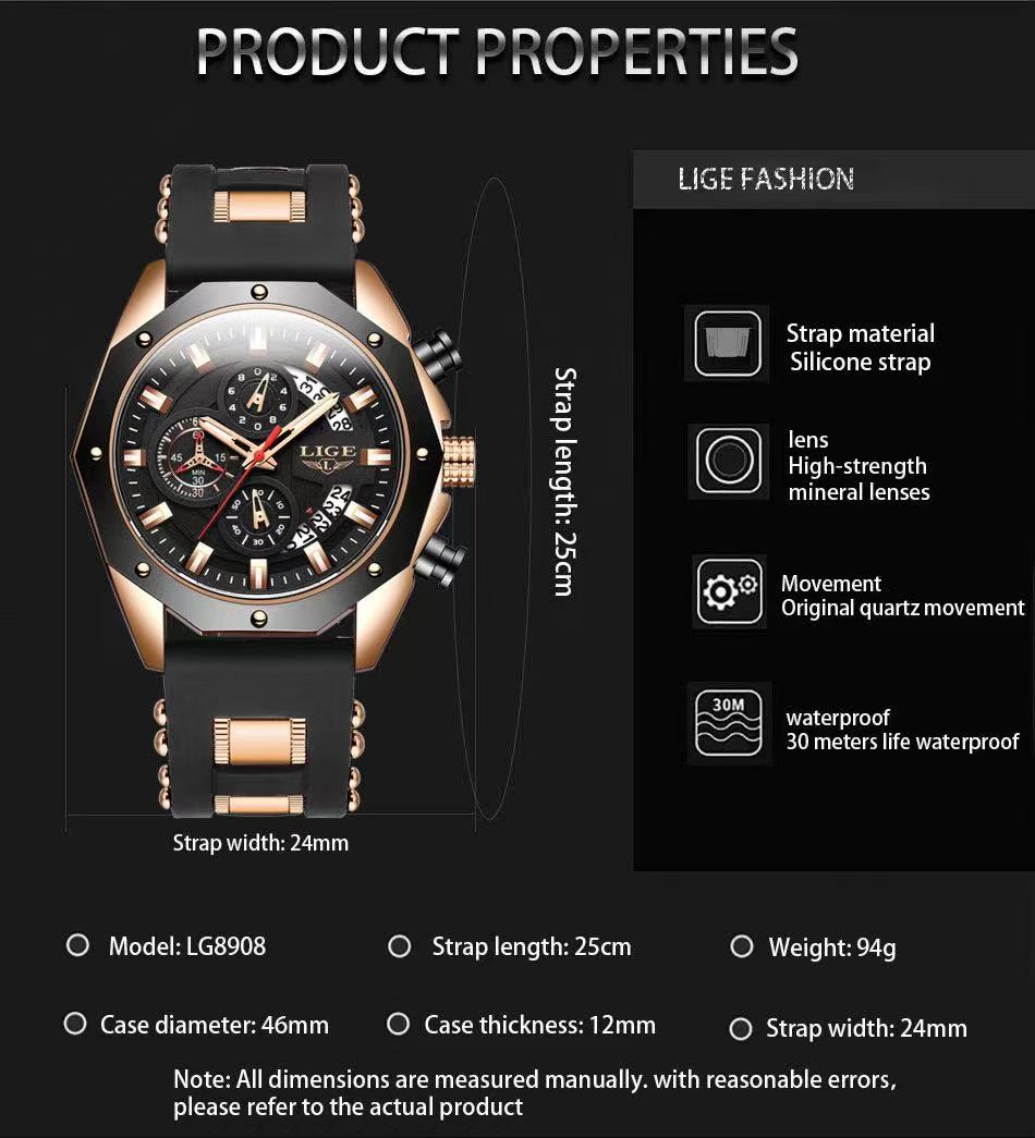 2025 LIGE New 8908 Mens Watches Top New Luxury Silicone Sport Watch Men Quartz Date Clock Waterproof Wristwatch Chronograph