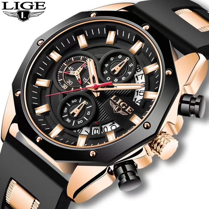 2025 LIGE New 8908 Mens Watches Top New Luxury Silicone Sport Watch Men Quartz Date Clock Waterproof Wristwatch Chronograph