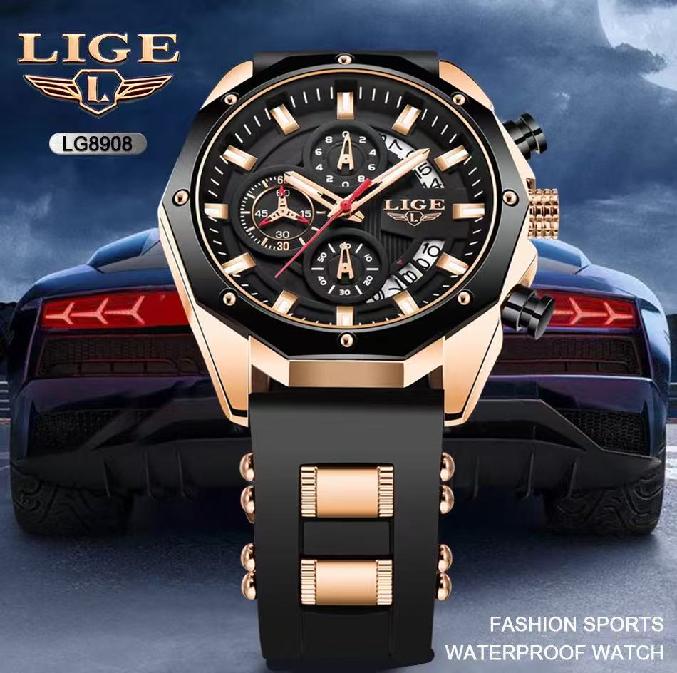 2025 LIGE New 8908 Mens Watches Top New Luxury Silicone Sport Watch Men Quartz Date Clock Waterproof Wristwatch Chronograph