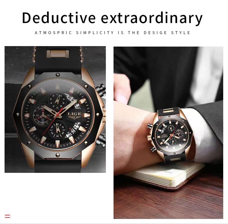 2025 LIGE New 8908 Mens Watches Top New Luxury Silicone Sport Watch Men Quartz Date Clock Waterproof Wristwatch Chronograph
