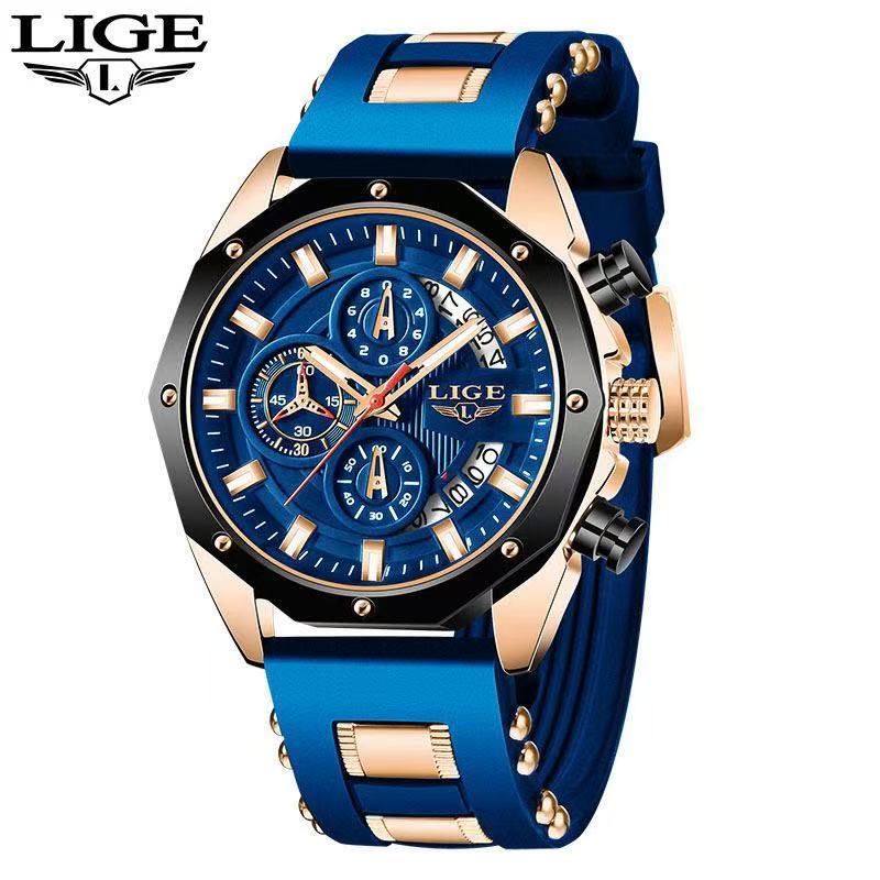 2025 LIGE New 8908 Mens Watches Top New Luxury Silicone Sport Watch Men Quartz Date Clock Waterproof Wristwatch Chronograph