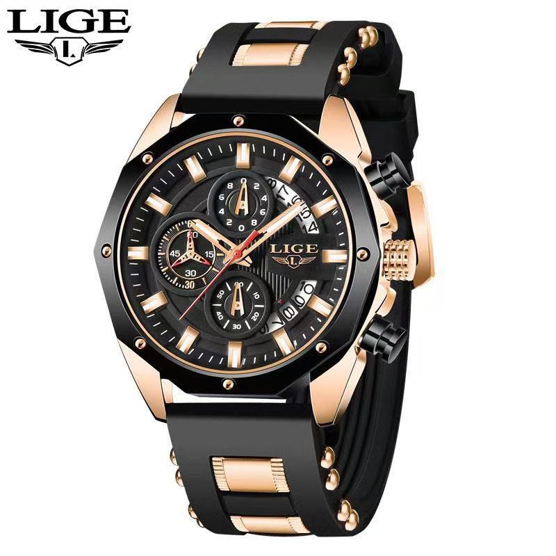2025 LIGE New 8908 Mens Watches Top New Luxury Silicone Sport Watch Men Quartz Date Clock Waterproof Wristwatch Chronograph