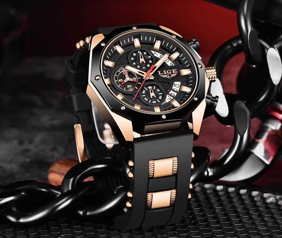 2025 LIGE New 8908 Mens Watches Top New Luxury Silicone Sport Watch Men Quartz Date Clock Waterproof Wristwatch Chronograph