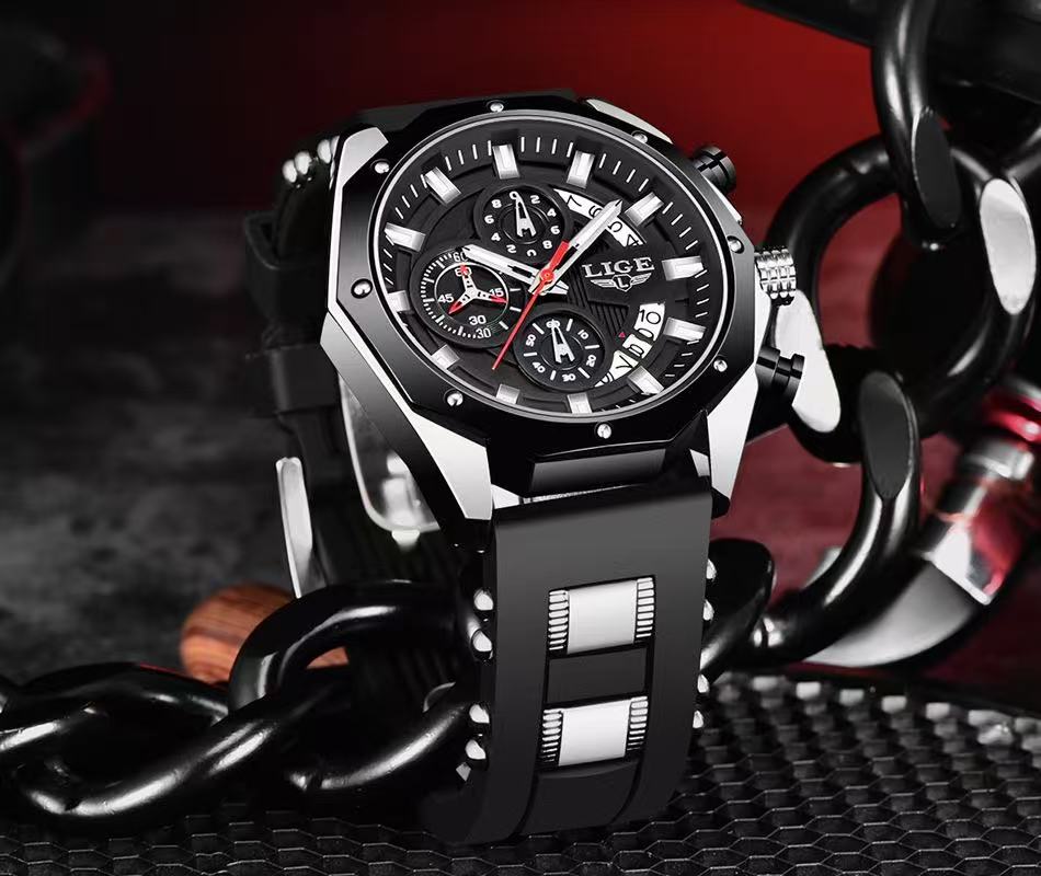 2025 LIGE New 8908 Mens Watches Top New Luxury Silicone Sport Watch Men Quartz Date Clock Waterproof Wristwatch Chronograph