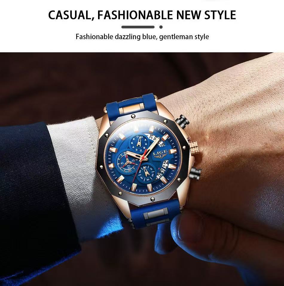 2025 LIGE New 8908 Mens Watches Top New Luxury Silicone Sport Watch Men Quartz Date Clock Waterproof Wristwatch Chronograph