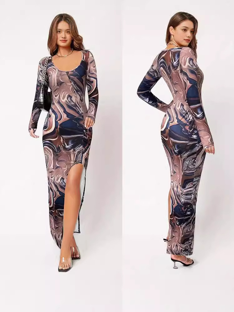 2026 European And American Spring 2024 New Single Shoulder Long Sleeved Water Ripple Print Wrapped Hip Dress Women's Sexy Fashion Dress Nightclub Dress Party Date Dress Wrapped Hip Dress Short Dress