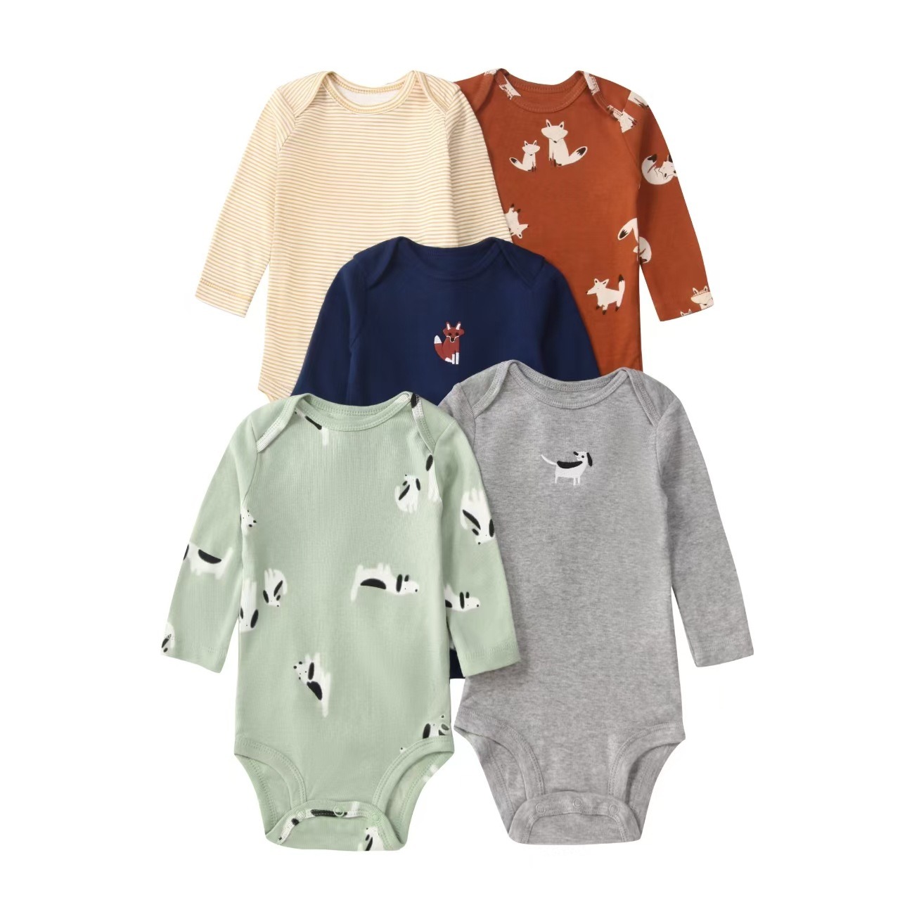 Long Sleeve Baby Romper 5pcs/lots Bodysuits Newborn Cotton Romper Clothes Sets Unisex Baby Girl Clothes Long Sleeve Cartoon Print Ropa Jumpsuits Clothes 6-12M