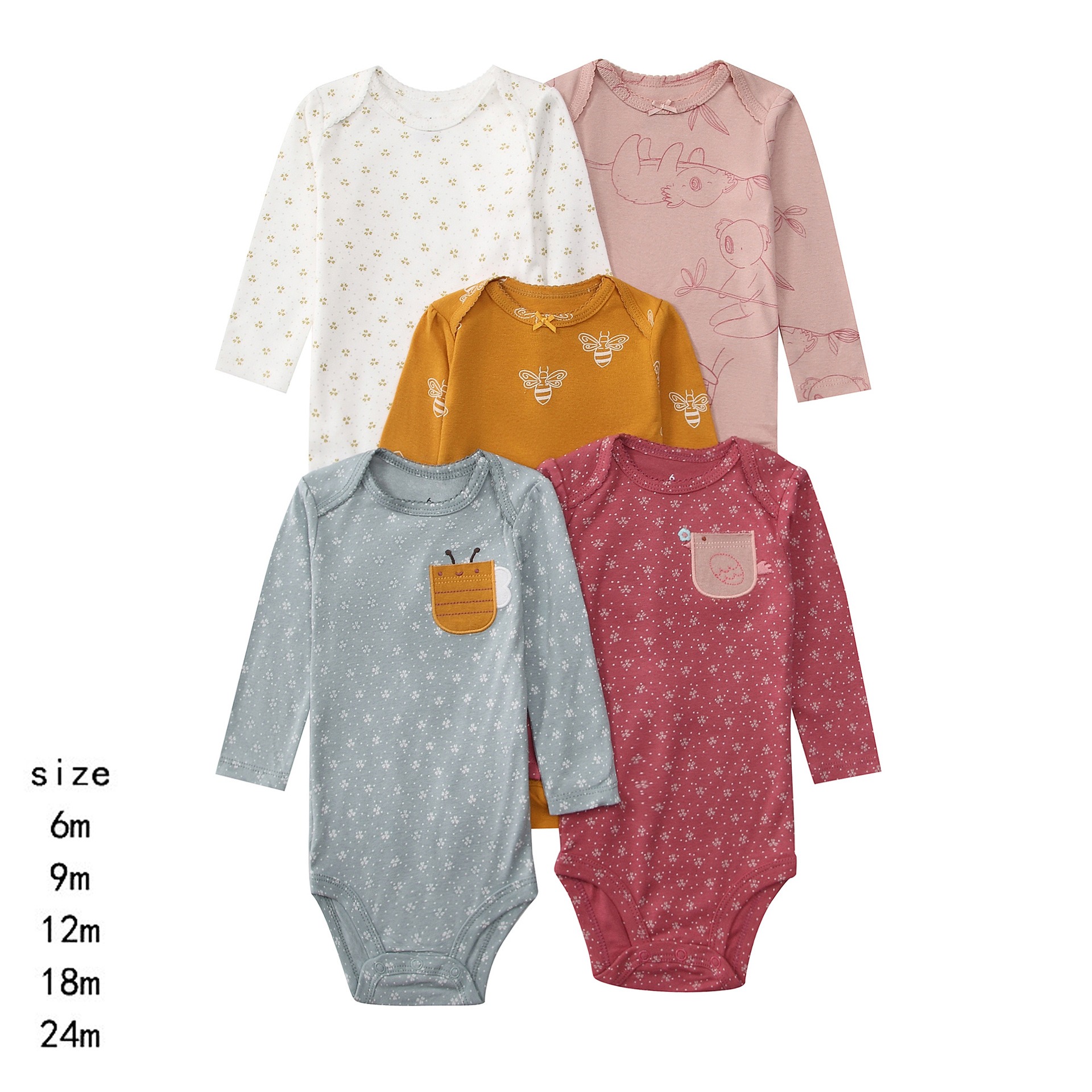 Baby Romper 5pcs/lots Bodysuits Newborn Cotton Romper Clothes Sets Unisex Baby Girl Clothes Long Sleeve Cartoon Print Ropa Jumpsuits Clothes 6-18M