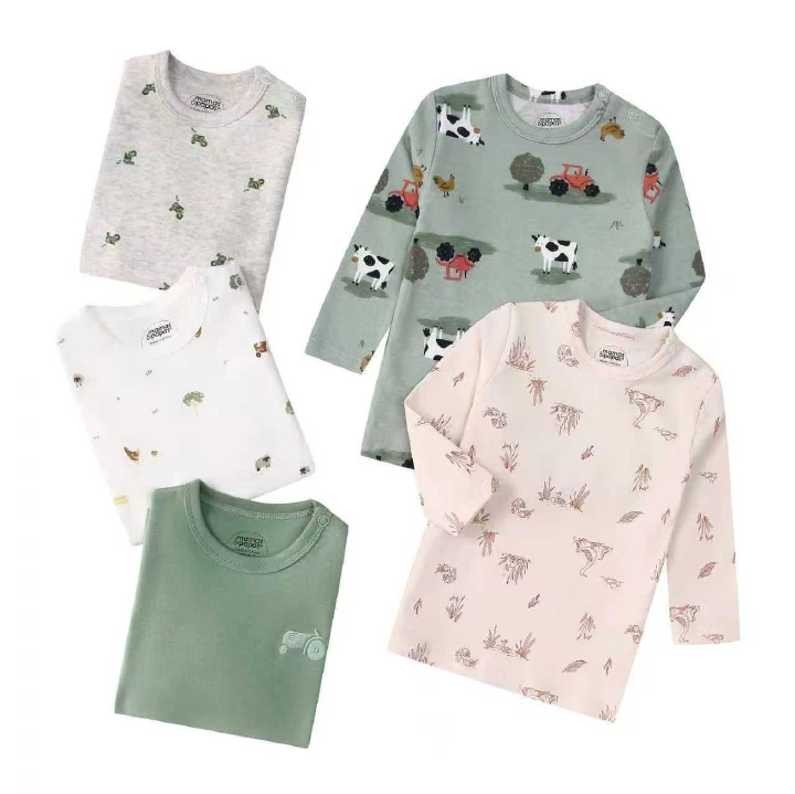 5pcs/lots Baby T-shirt Long-Sleeve T-Shirt for Kids 1-3 Years Old  Baby Top  Clothes with Cartoon Print for Homewear 1-3 Years Old Baby Clothes